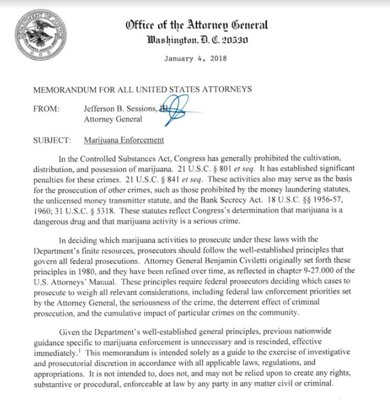AttorneyGeneralPaper Feds rescind The Cole Memo opening the floodgates for dispensary crackdowns