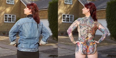 Before and After image of a Woman Devoted To Full Body Tattoos Before and After image of a Woman Devoted To Full Body Tattoos